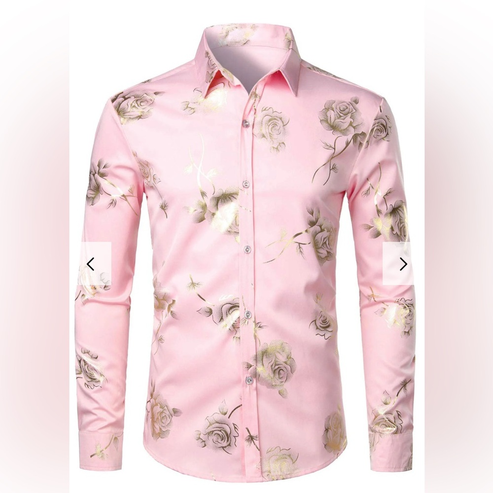 Zeroyaa Men’s Slim Fit Nightclub Button Down XL Pink with Gold Rose Print